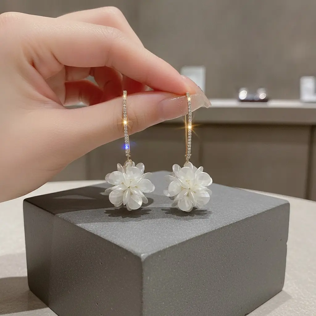 Crystal Bar Shell Dahlia Long Drop Earring — view 2