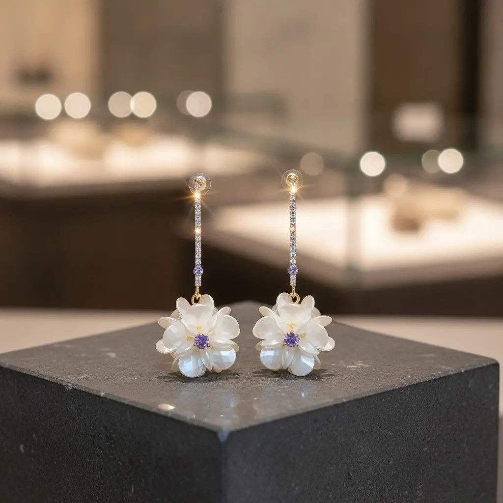 Crystal Bar Shell Dahlia Long Drop Earring — view 3