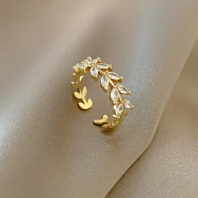 Gold Marquise Crystal Leaf Wreath Open Ring — front view