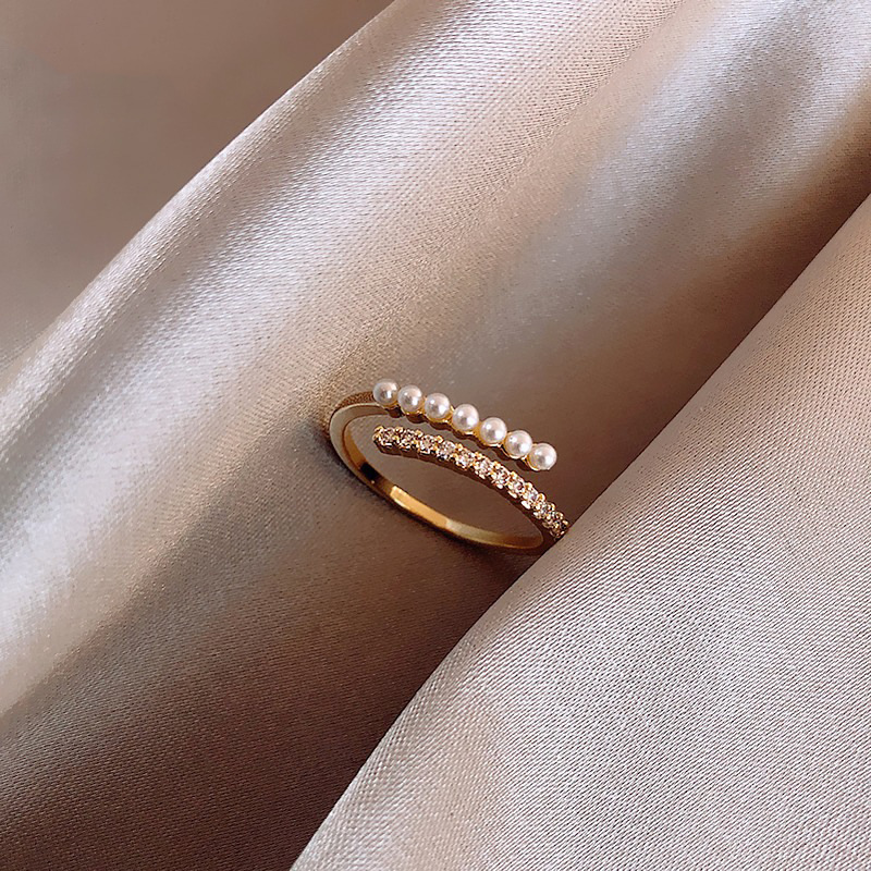 Gold Double Row Pearl Crystal Band Ring