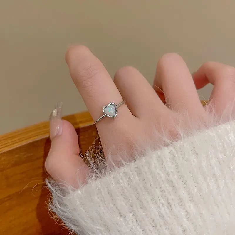 Silver Opal Heart Scallop Ring — front view