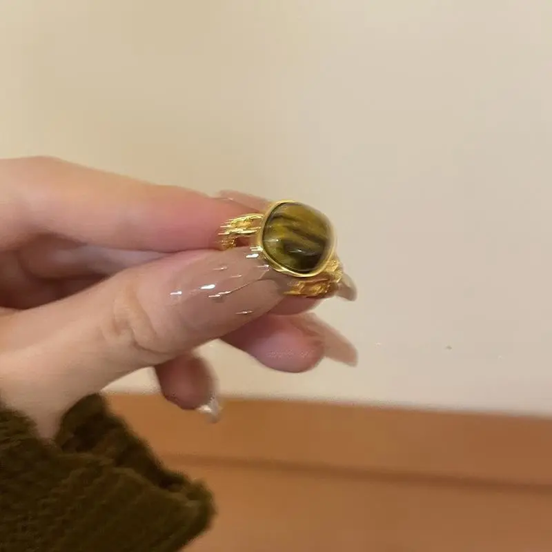 Gold Tiger Eye Cushion Statement Ring — front view