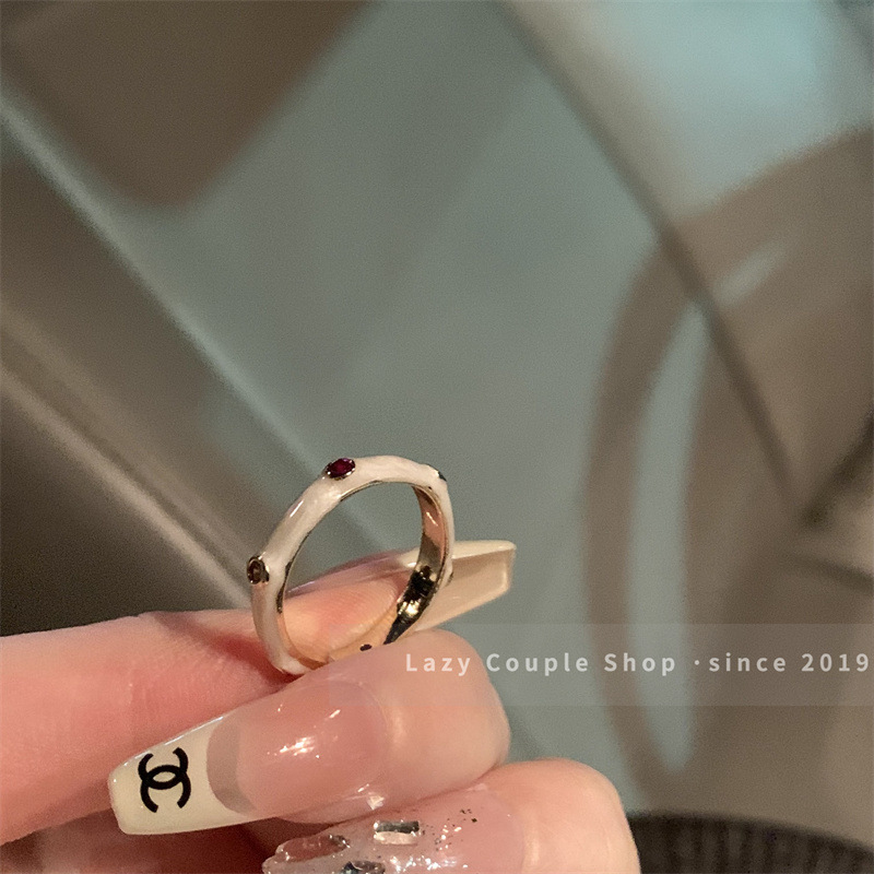 Gold White Enamel Ruby Accent Band Ring