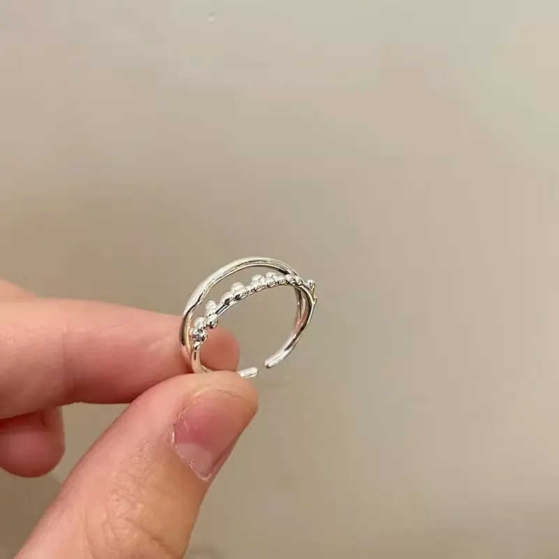 Silver Double Arc Bead Open Ring — front view