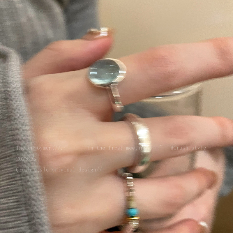 Silver Blue Oval Stone Signet Open Ring