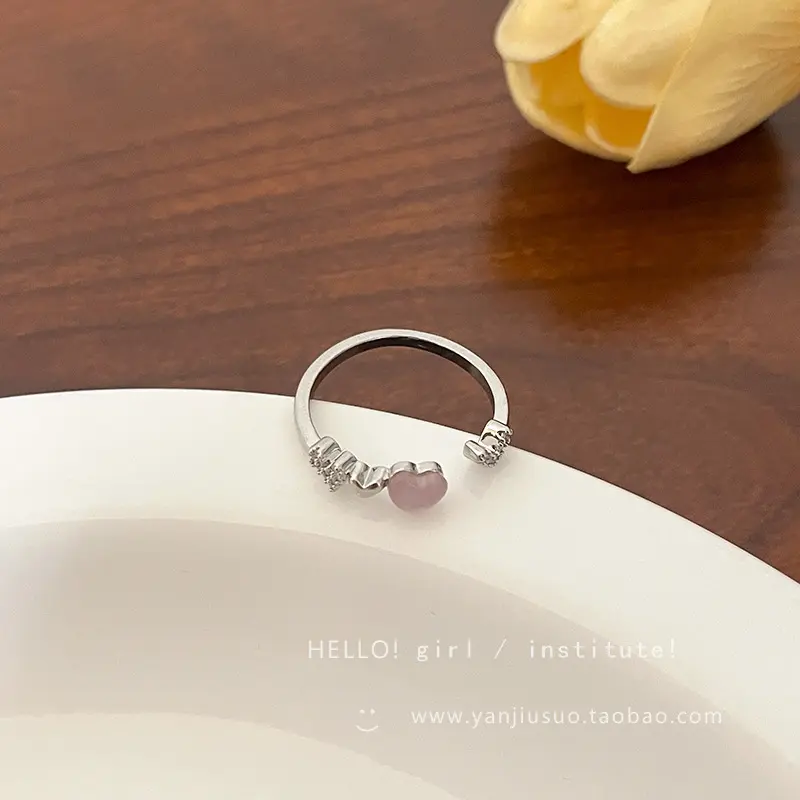 Silver Pink Heart Stone Crystal Open Ring — front view