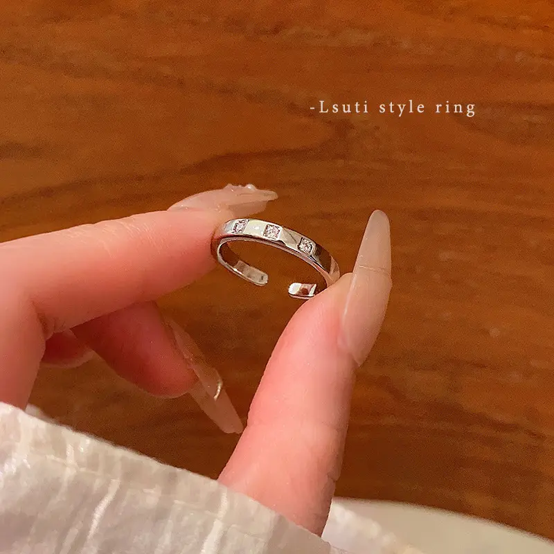 Silver Three Stone CZ Bar Open Ring — front view