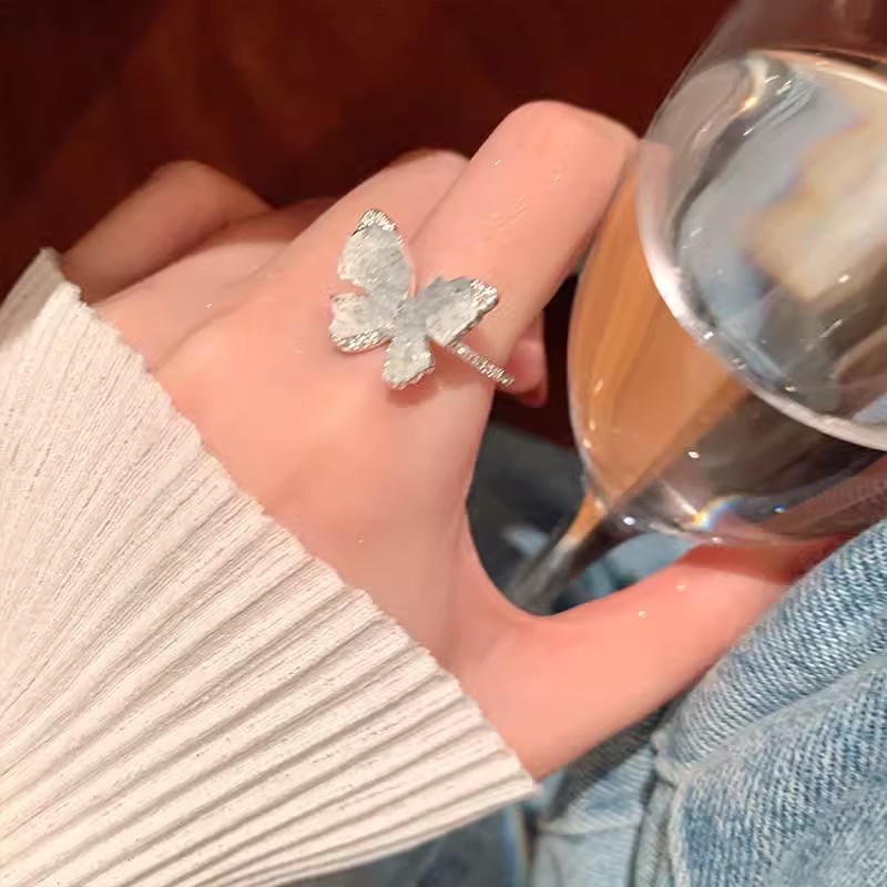 Silver Crystal Blue Butterfly Open Ring