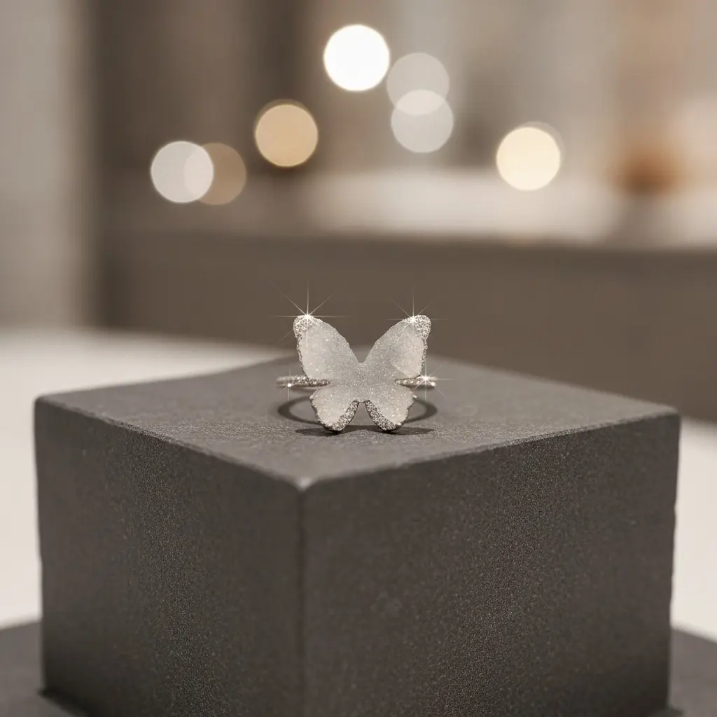 Silver Crystal Blue Butterfly Open Ring — view 2