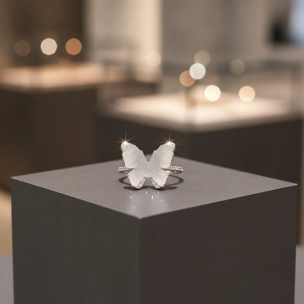 Silver Crystal Blue Butterfly Open Ring — view 3