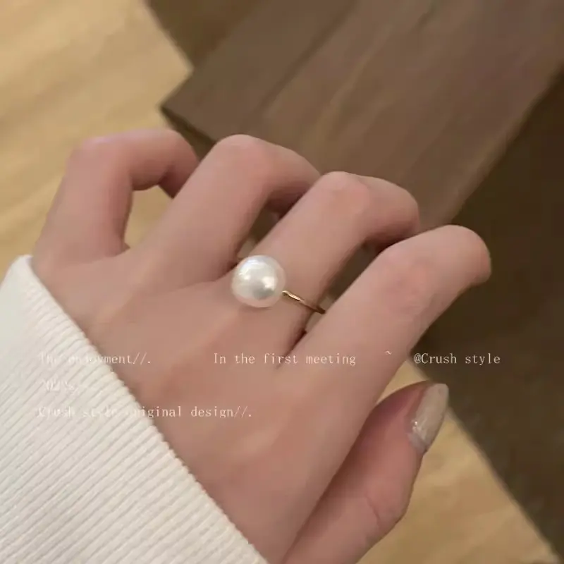 Gold Single Large Pearl Open Ring — front view