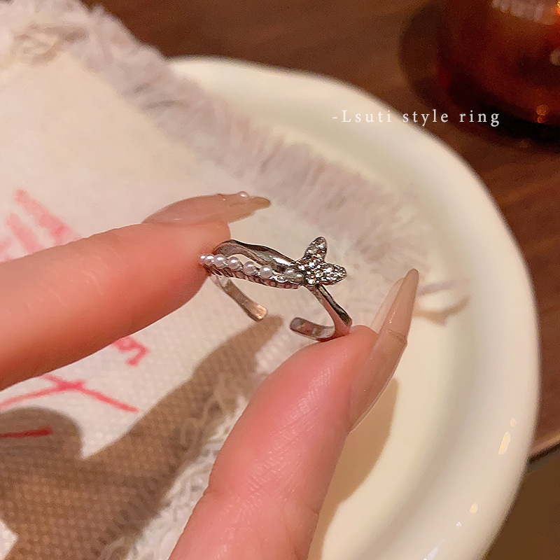 Silver Pearl Butterfly Double Open Ring