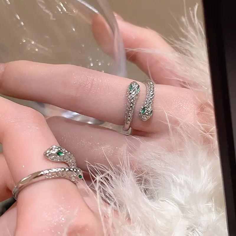 Silver Crystal Serpent Wrap Ring — front view