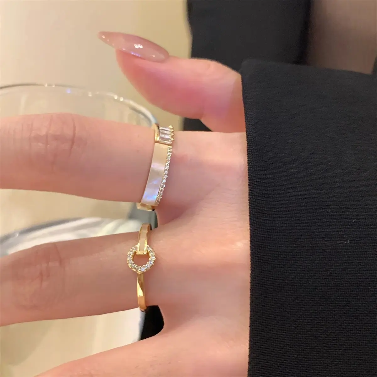 Gold Baguette Bar Circle Two Piece Ring Set — front view