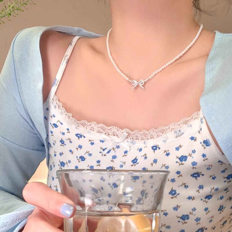 Silver Pearl CZ Bow Choker Necklace