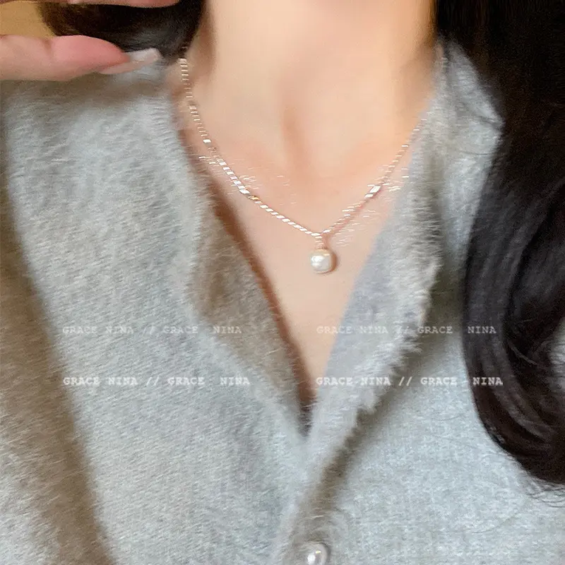 Silver Baroque Pearl Twisted Chain Necklace — front view