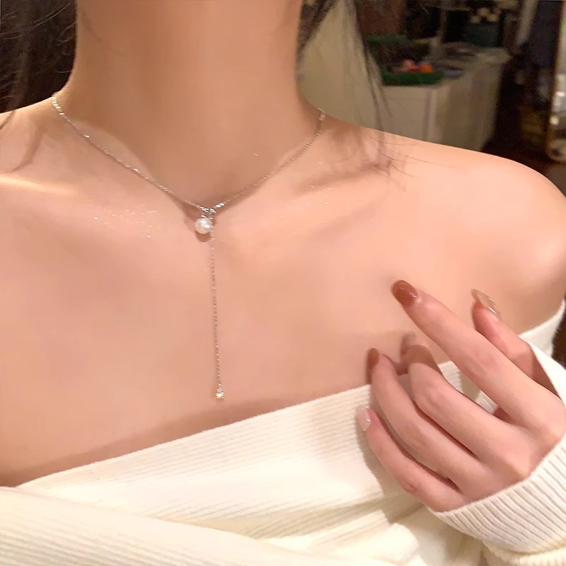 Silver Pearl Mermaid Tear Lariat Necklace