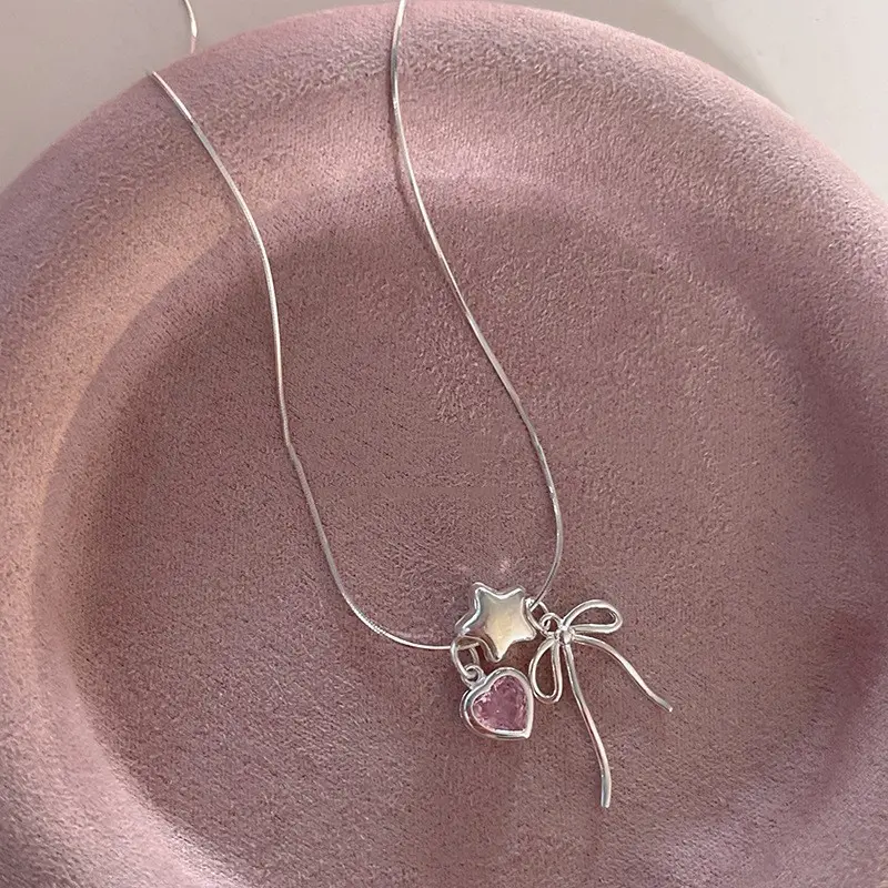 Opal Star Pink Heart Bow Necklace — Necklace pendants from Mowey Studio
