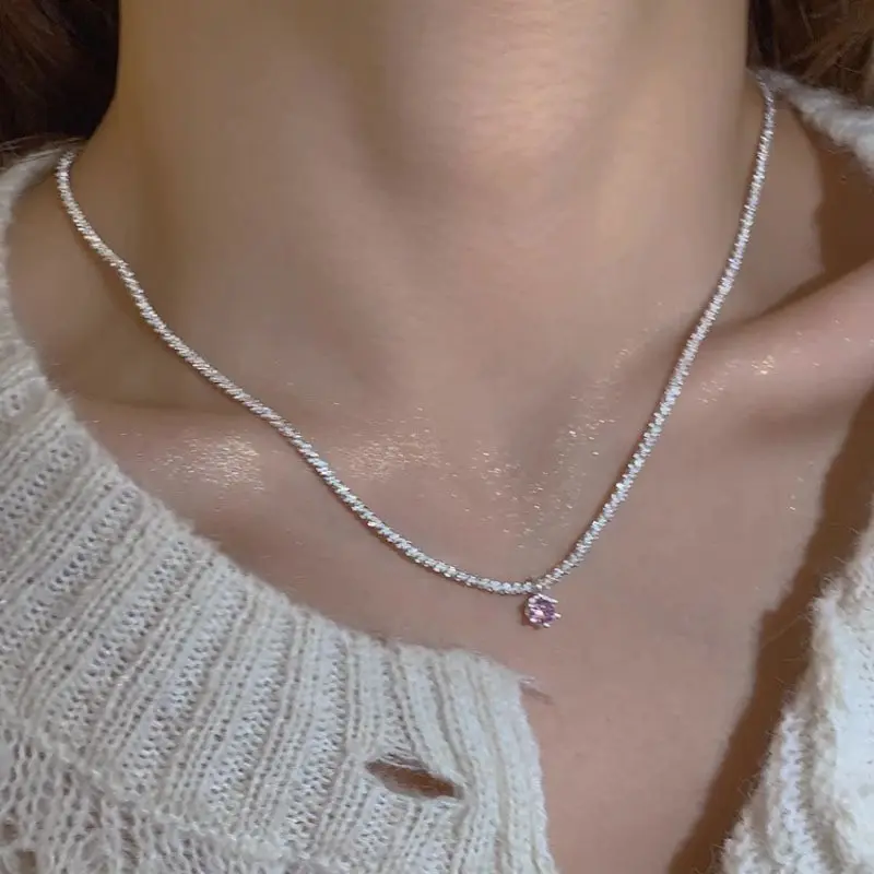 Tennis Chain Pink CZ Drop Necklace — front view
