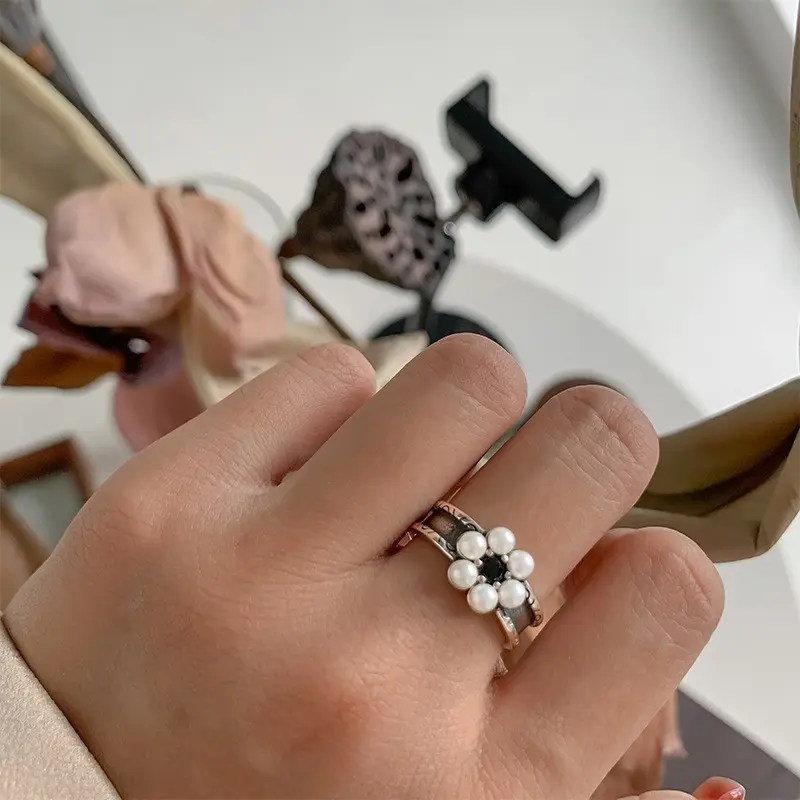 Pearl Bloom Black Stone Open Ring — front view