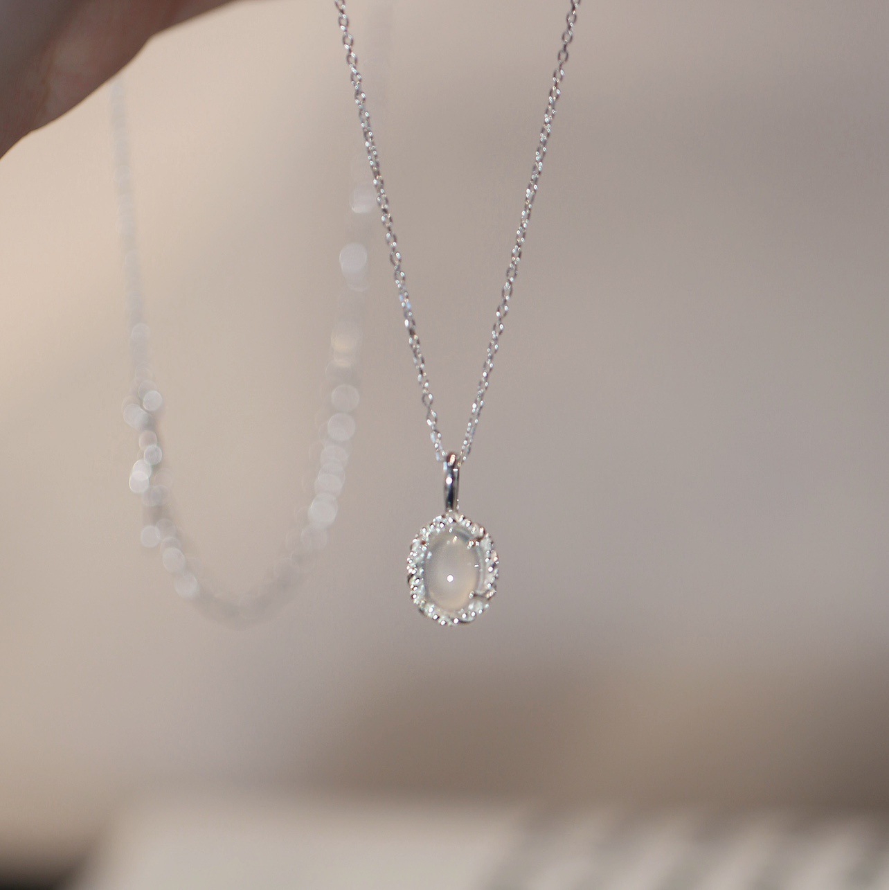 Moonstone Oval CZ Halo Necklace