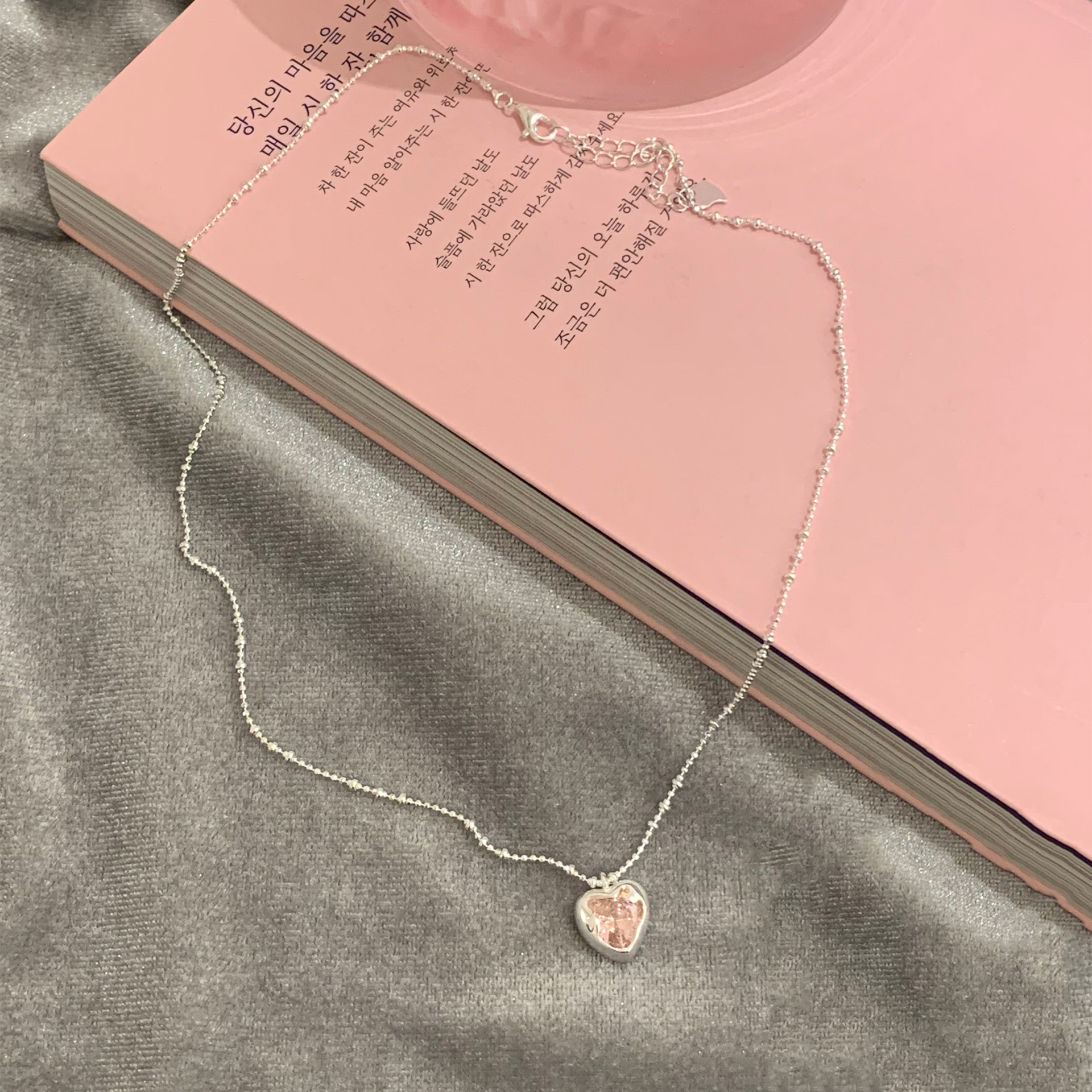 Pink Crystal Heart Ball Chain Necklace