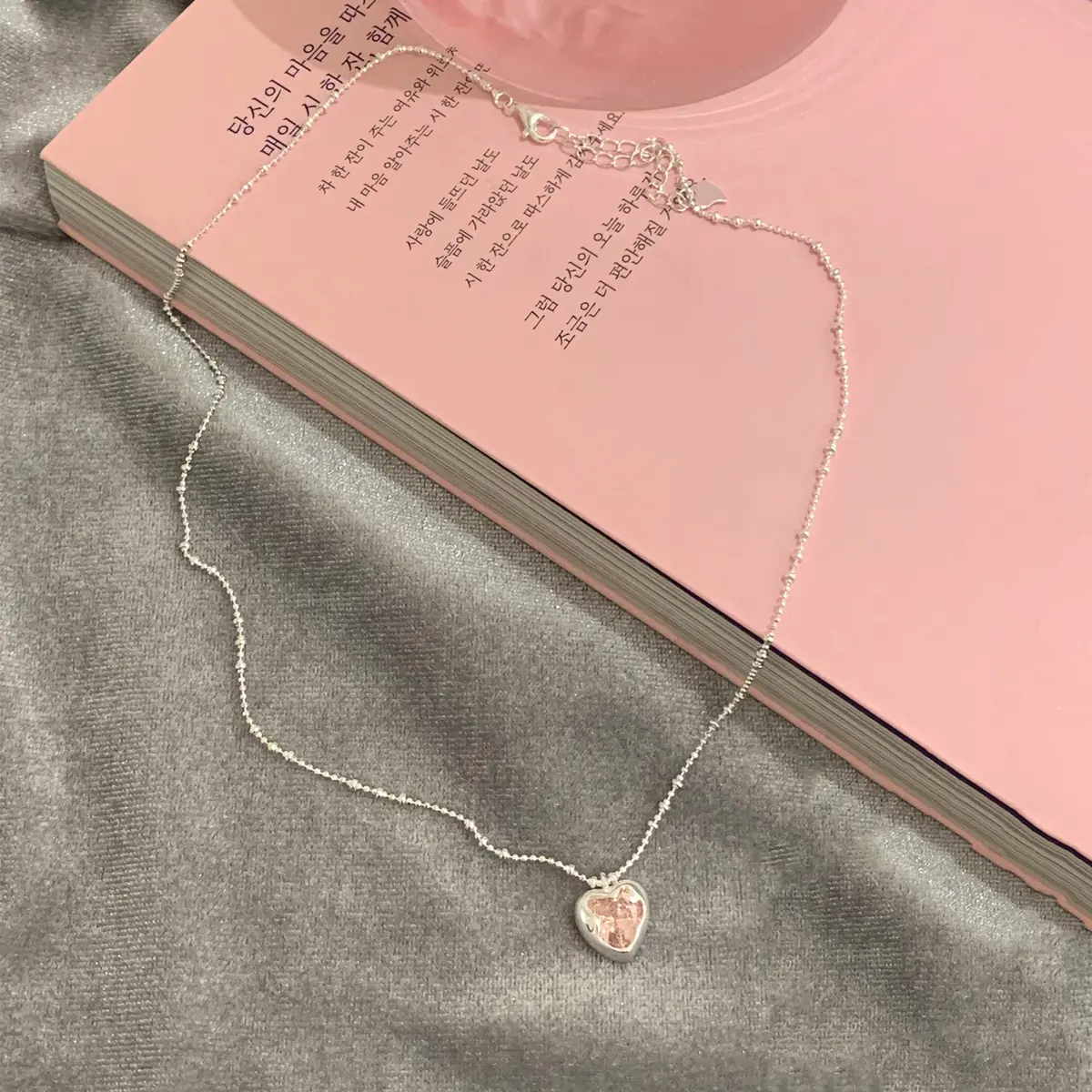 Pink Crystal Heart Ball Chain Necklace — front view