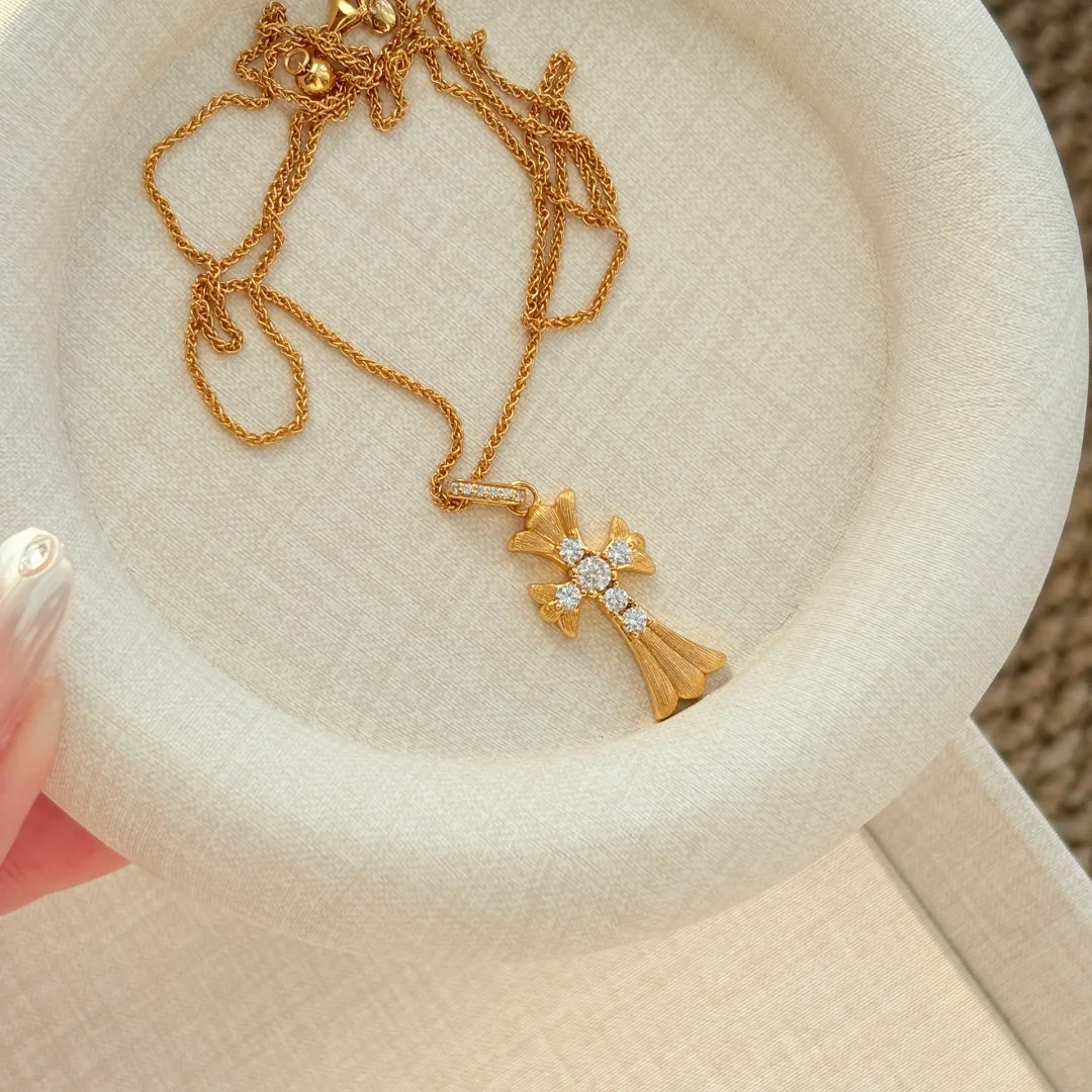 Gold Ginkgo Cross CZ Necklace