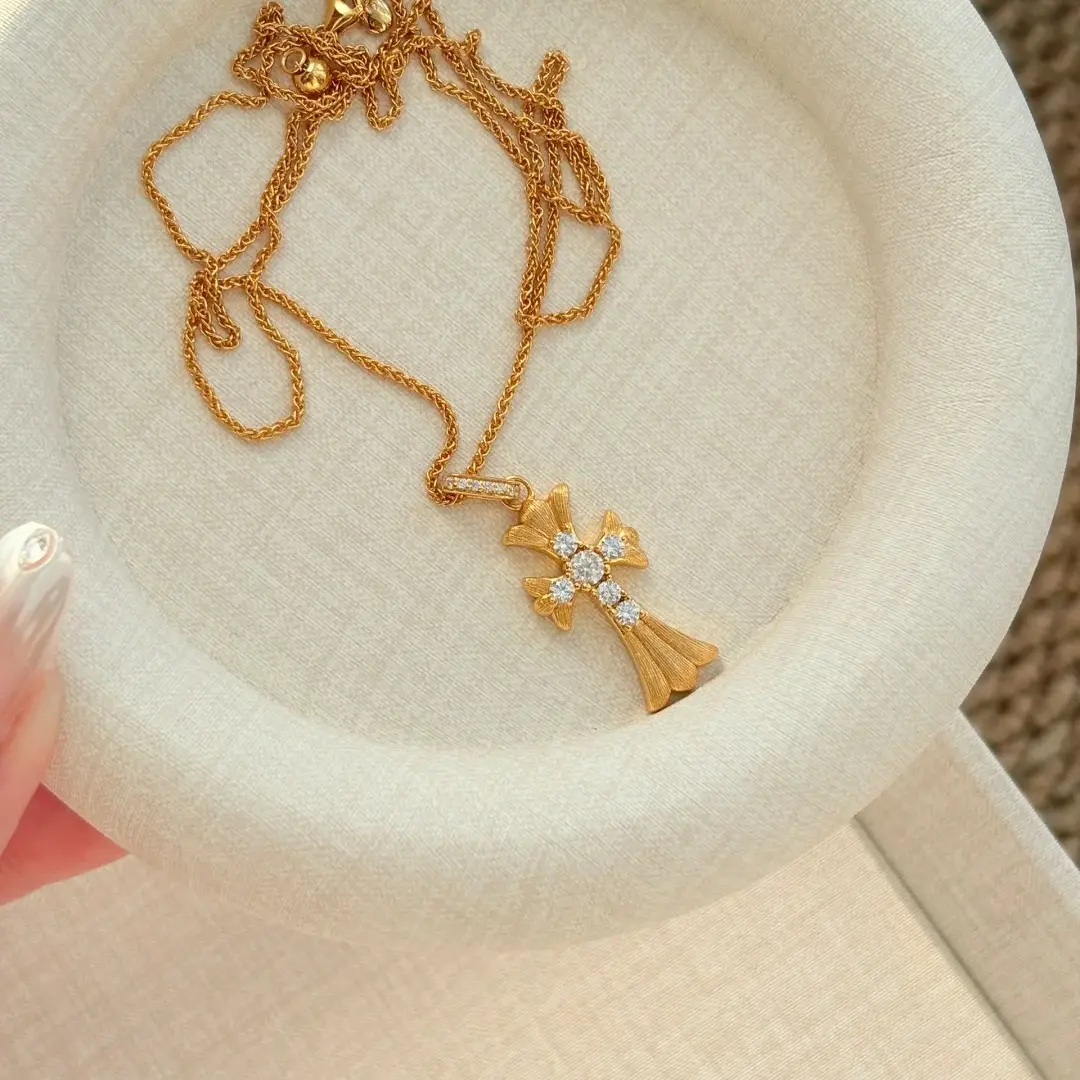 Gold Ginkgo Cross CZ Necklace — front view
