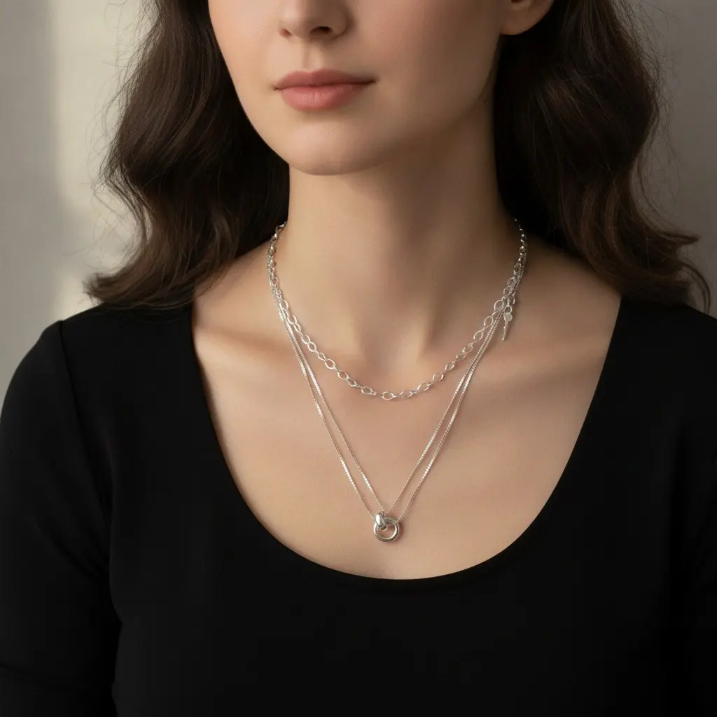 Dual Chain Circle Charm Necklace — view 3