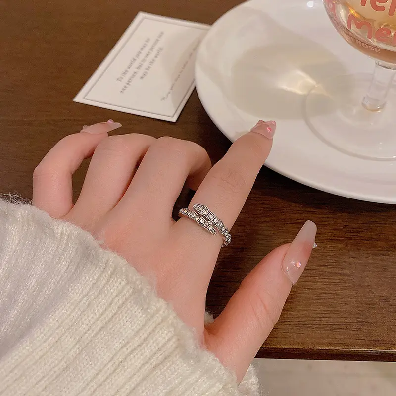 Silver Full Crystal Snake Scale Band Ring — front view