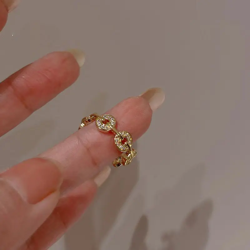 Gold Coin Charm Chain Band Ring — front view