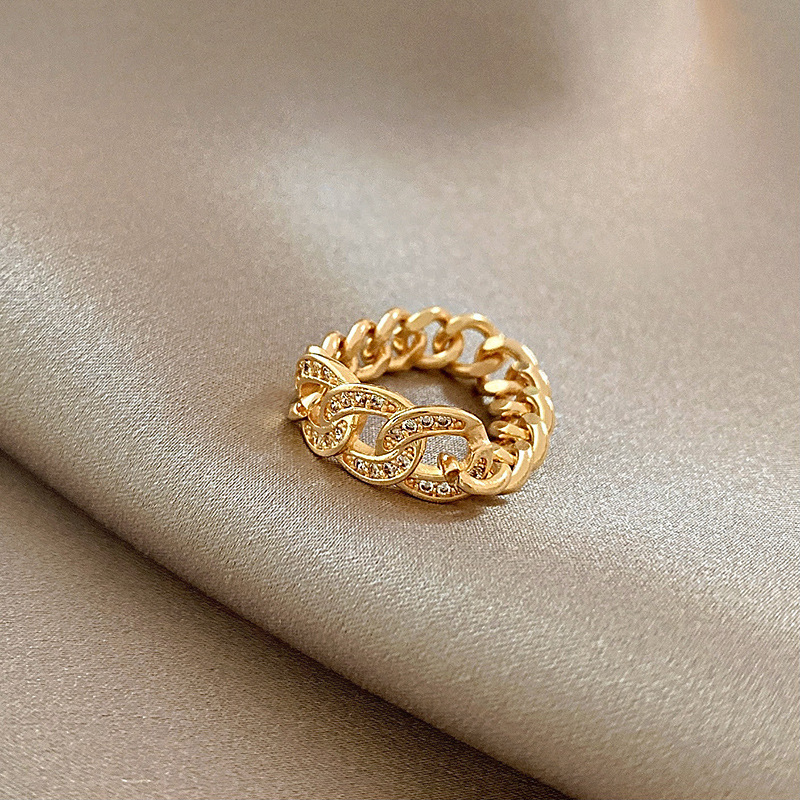 Gold Curb Chain Crystal Ring