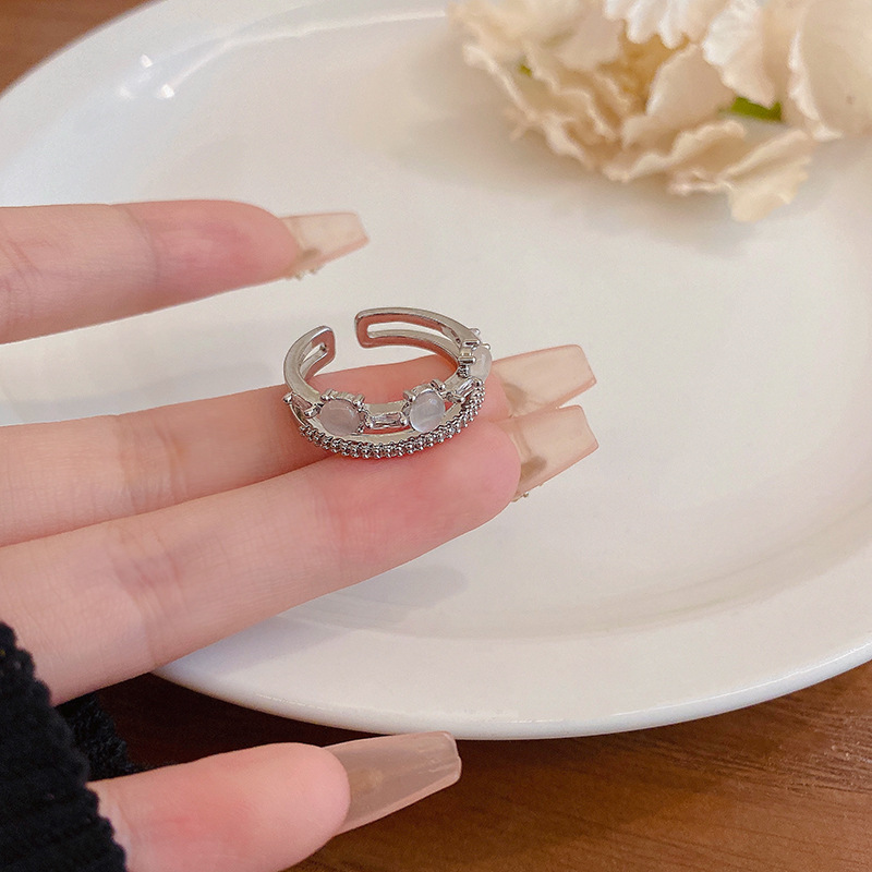 Silver Cat Eye Stone Double Layer Open Ring
