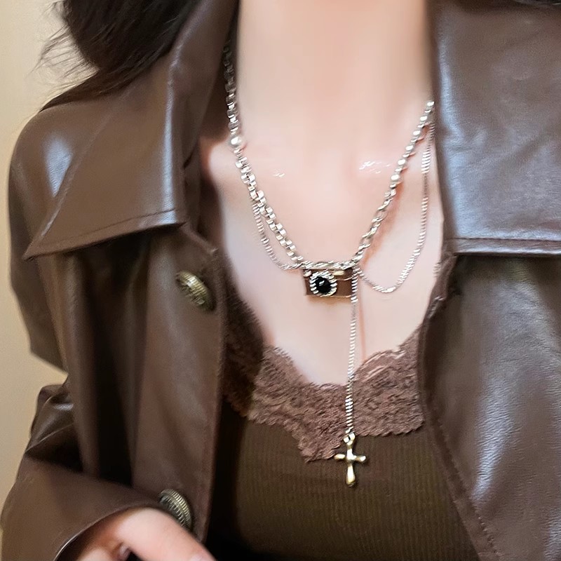 Silver Vintage Camera Cross Layered Necklace