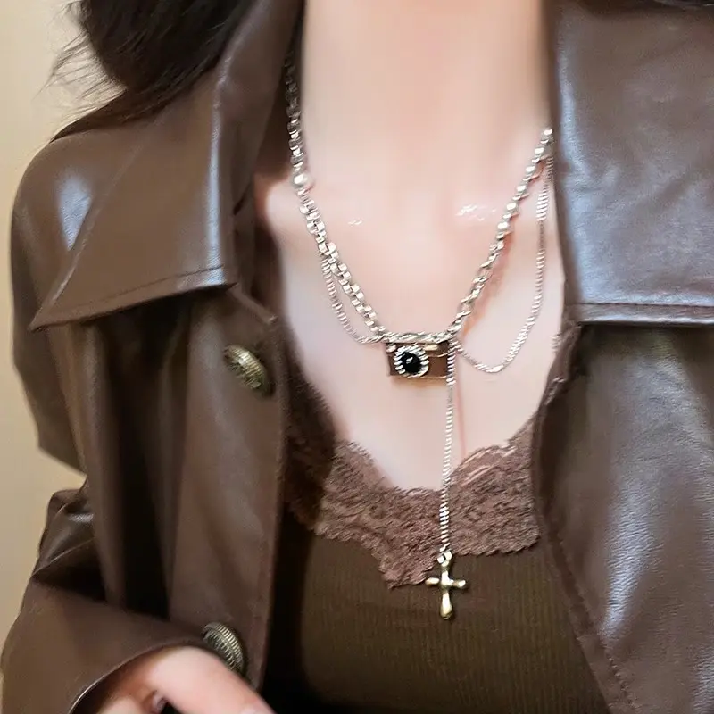 Silver Vintage Camera Cross Layered Necklace — front view