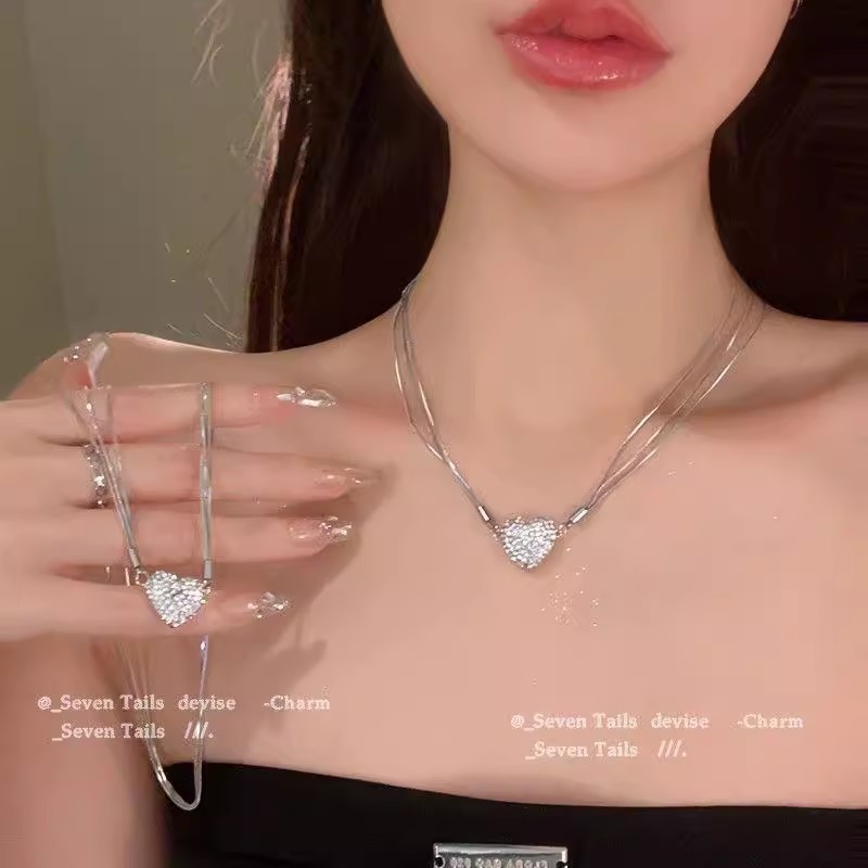 Silver Pave Heart Double Chain Necklace