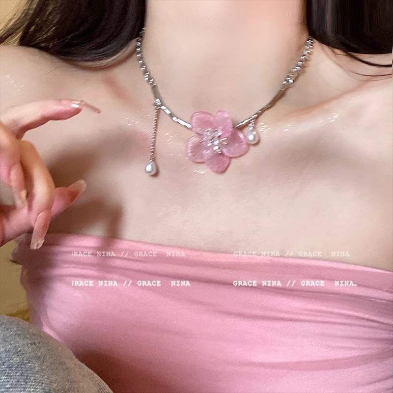 Silver Pink Flower Pearl Adjustable Necklace