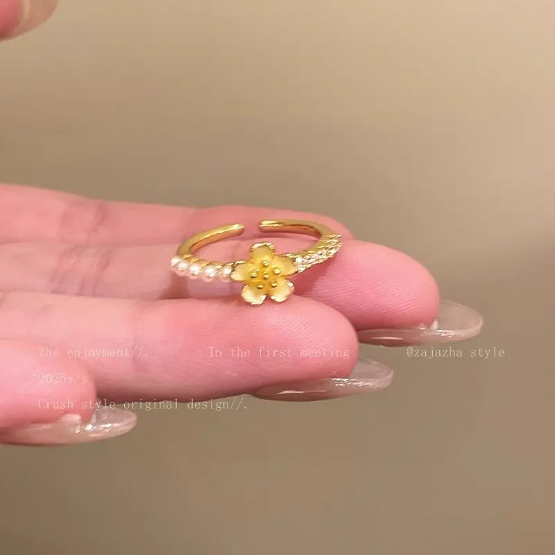 Gold Cherry Blossom Pearl Bead Open Ring — front view