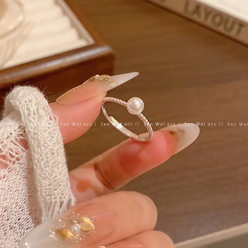 Silver Twisted Pearl Tip Open Ring — front view