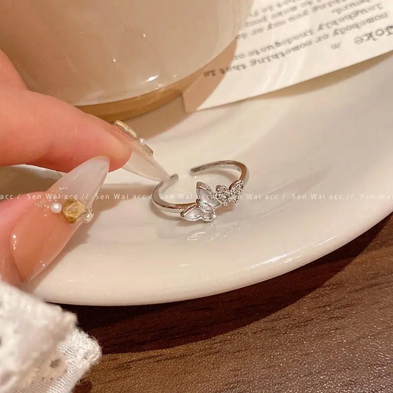 Silver Crystal Butterfly Heart Open Ring — front view