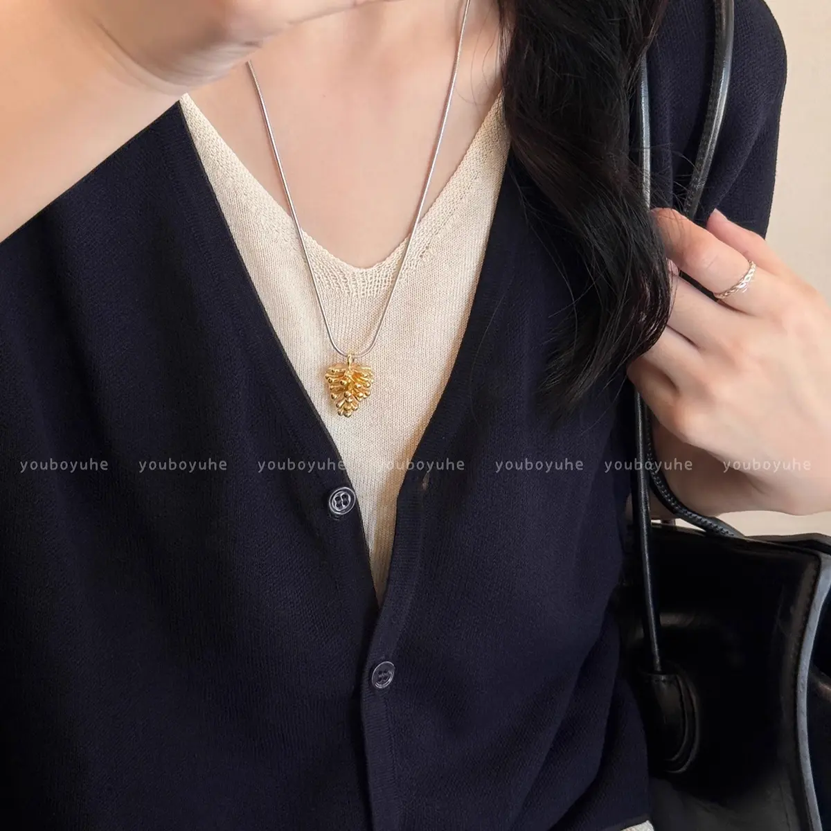 Gold Pinecone Pendant Snake Chain Necklace — front view