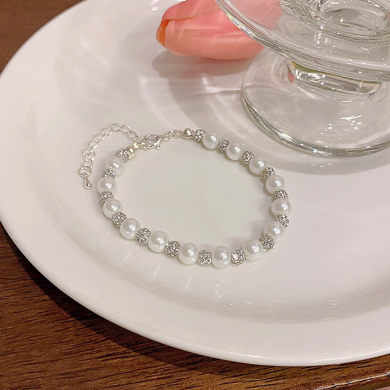Silver Pearl and Crystal Ball Bead Bracelet