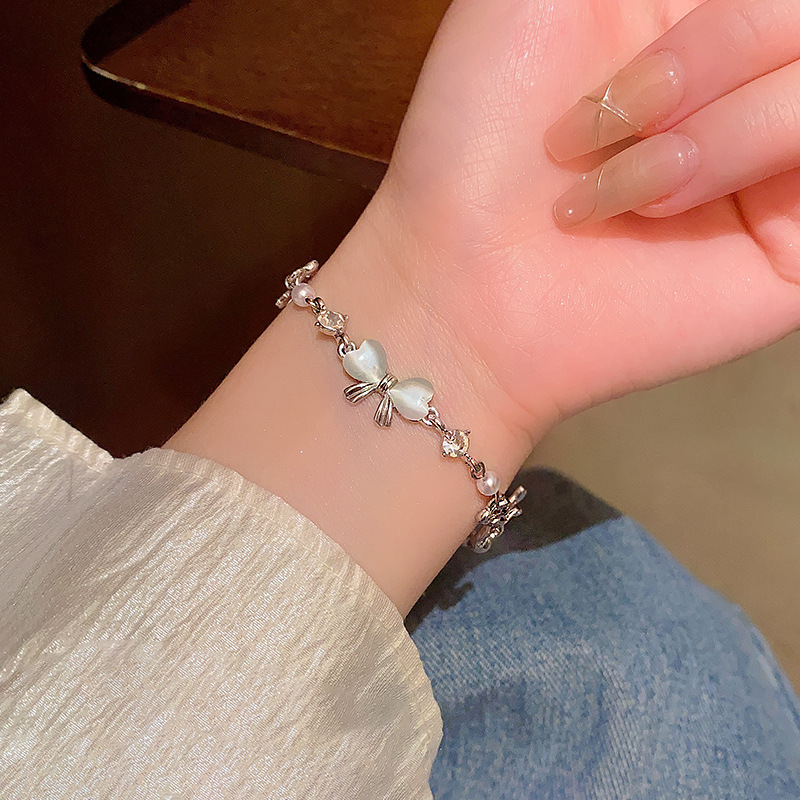 Silver Opal Bow Pearl Chain Bracelet