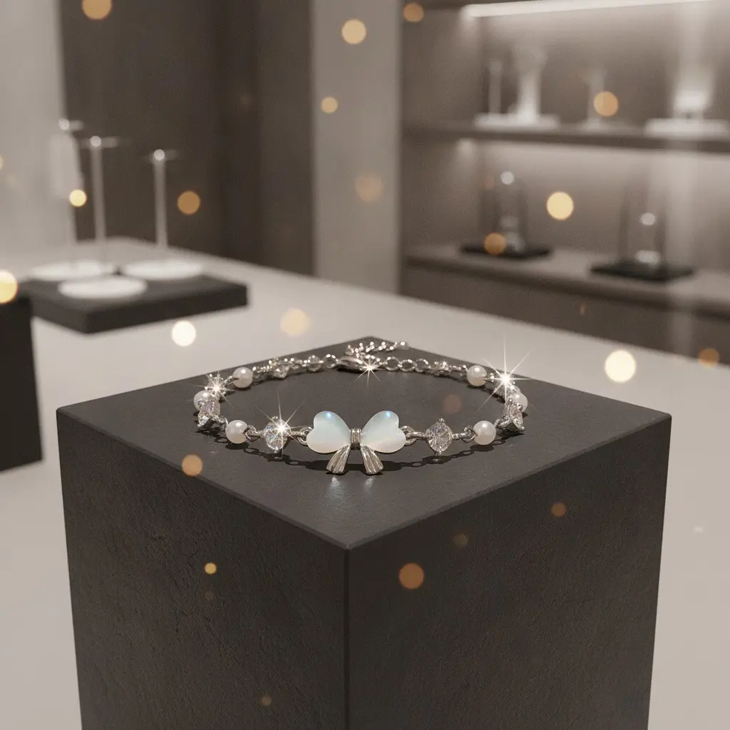 Silver Opal Bow Pearl Chain Bracelet — view 2