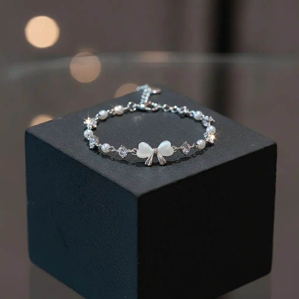 Silver Opal Bow Pearl Chain Bracelet — view 3