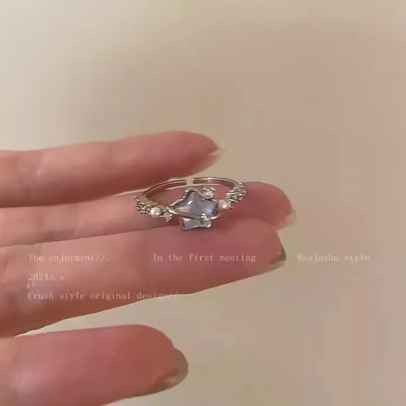 Silver Blue Star Pearl Double Open Ring — front view