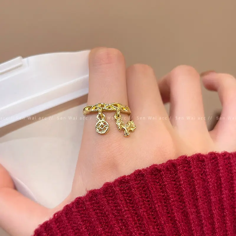 Gold Fortune Coin Pixiu Charm Band Ring — front view