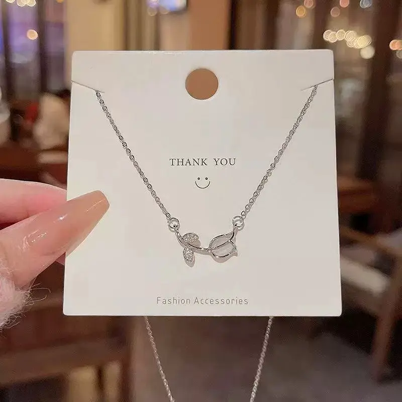 Silver Tulip Flower Titanium Pendant Necklace — front view