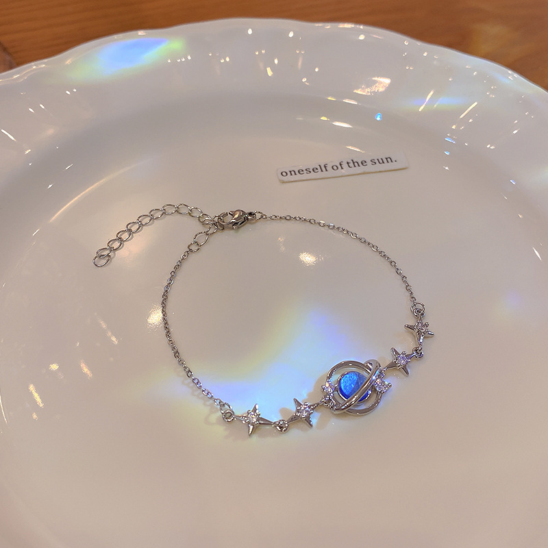 Silver Blue Planet Star Charm Chain Bracelet